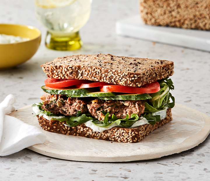 Lamb Meatball Sandwich with Tomato, Cucumber, Tzatziki & Rocket Recipe Image